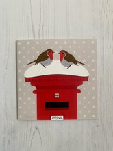 Load image into Gallery viewer, Robins on a Snowy Postbox Greeting Card
