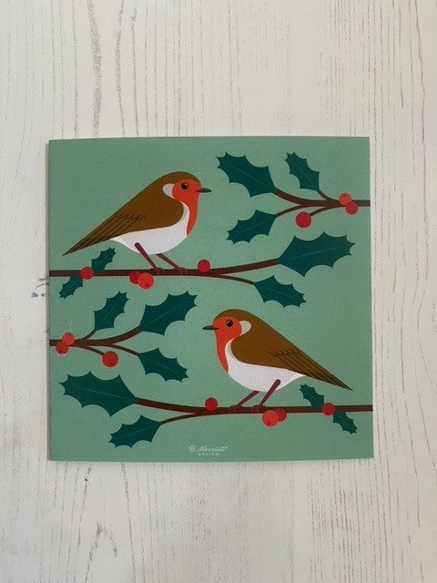 Robins on Holly Branches Greetings Card