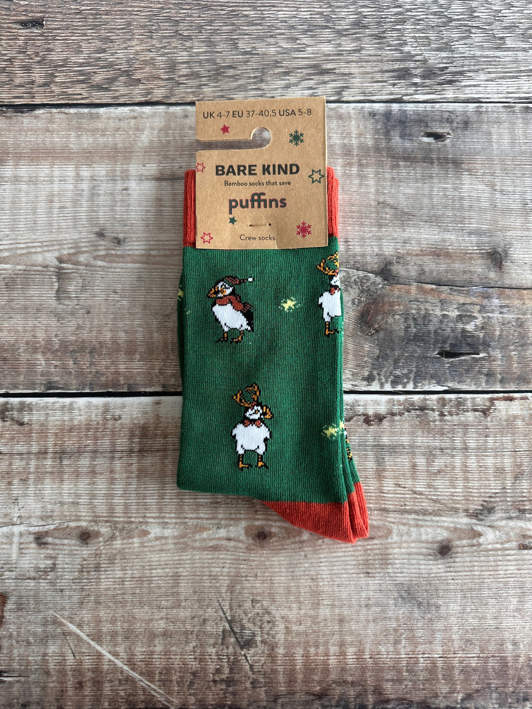 Christmas Save the Puffin Green Socks (size 4-7)